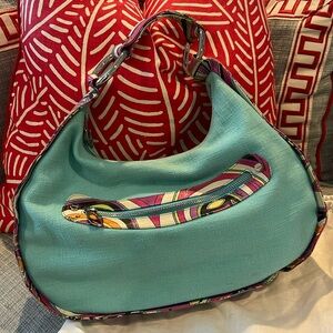Emilio Pucci Turquoise Leather Hobo with Multicolor Print Trim